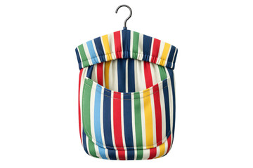 Hanging multicolored striped peg bag holding laundry pegs