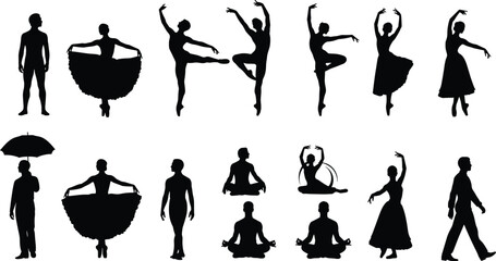 Diverse black vector silhouettes set featuring ballet dancers, yoga meditation poses, and casual standing figures, representing art, performance, wellness, movement, and human activity collection. © Aron