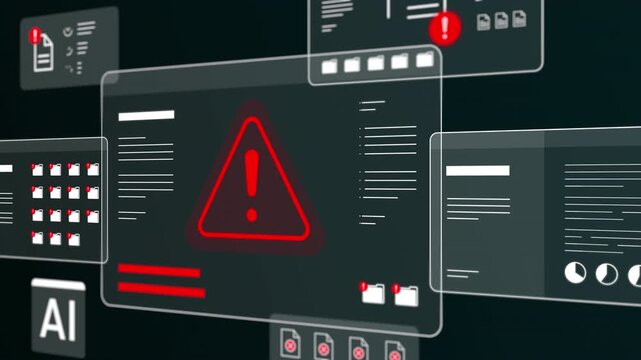 Perspective view of a security monitoring screen showing red warning icons, exclamation shields, and alert file modules.