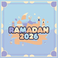Celebrating Ramadan 2026 with mosque, crescent, lanterns, and stars in serene scene