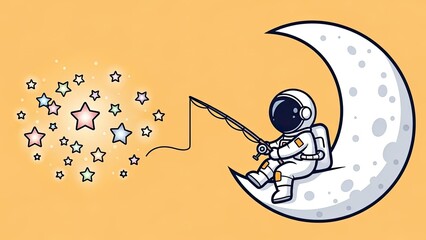 Astronaut fishing for stars on a crescent moon against a soft orange background pixel art style