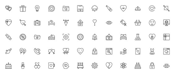 Love and Romance Icon Set. Valentine's Day Vector Icons. Includes Heart, Gift, Cupid, Rose, Cake, Key, Dove and More. Minimal Line Symbols.