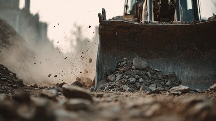Heavy Bulldozer Clears Rocky Ground on Construction Site.