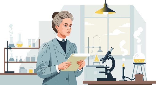 Illustration of Marie Curie in a laboratory, holding a clipboard and looking thoughtfully into the distance.