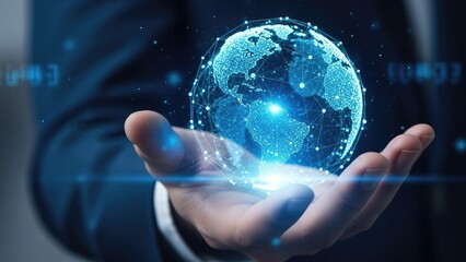 Businessman Holding Glowing Digital Earth Globe with Data Connections Over Open Hand