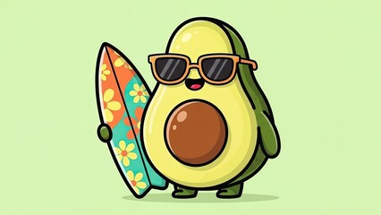 Cartoon Avocado Character with Sunglasses and Surfboard on Green Background