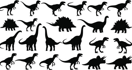 Dinosaur silhouettes collection set, prehistoric reptiles and Jurassic creatures poses, tyrannosaurus stegosaurus triceratops icons, black vector illustration for education, science, kids design © Aron