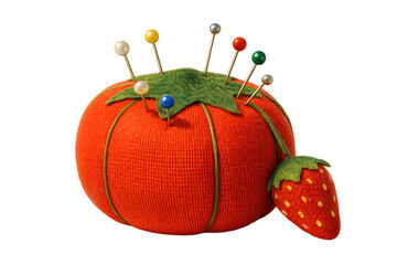 Red tomato pincushion holding pins for sewing on transparent background