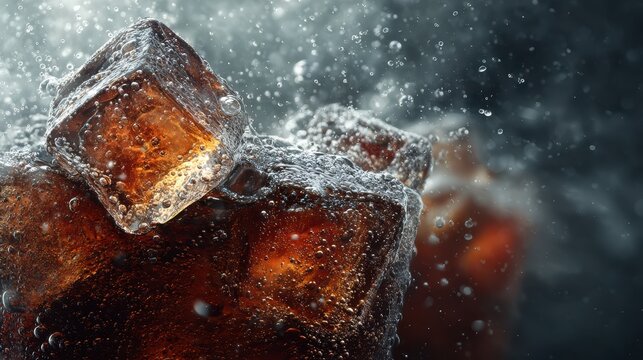 Refreshing Cola Ice Cubes With Bubbles Splash Macro.