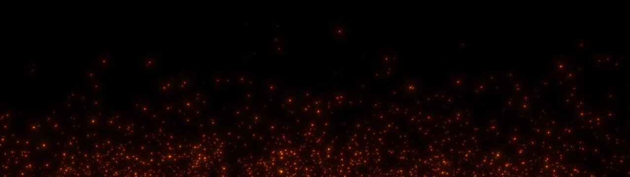 Cinematic ultra wide loop of glowing fire sparks rising slowly against a black background, perfect for intense overlays and dramatic scenes
