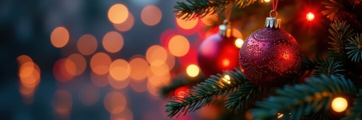 Soft-focus bokeh lights, festive colors, blurred ornaments, magical, shimmering