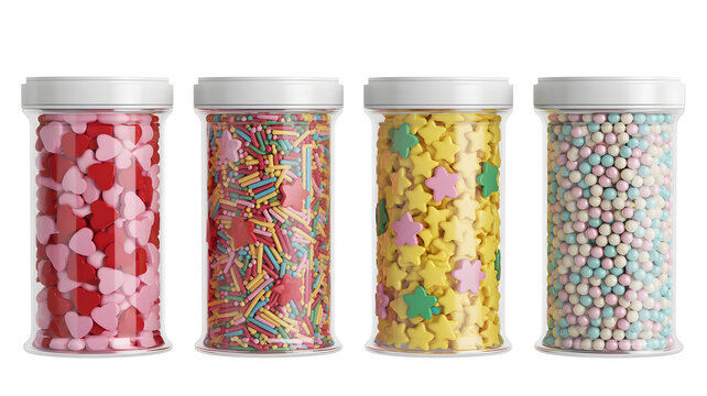 Plastic jars filled with sprinkles confetti sugar toppings for desserts
