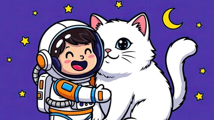 Chubby astronaut hugging a fluffy white cat against a starry purple night sky with a yellow moon