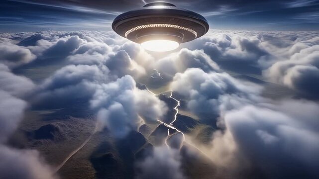 Shiny futuristic flying saucer UFO hovering high above the dense clouds overlooking a mysterious winding river valley landscape below earth exploration