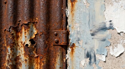 Weathered texture of rusty corrugated iron and peeling paint on an old wall