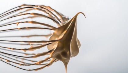 Fototapeta premium Close up of a Whisk with Creamy Meringue Mixture Forming Soft Peaks