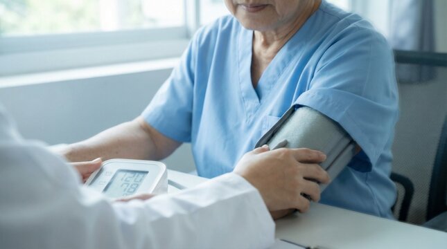 Doctor checking blood pressure of senior patient in clinic