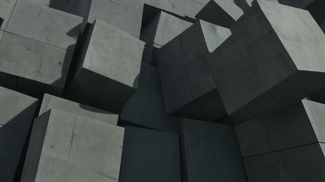 Abstract geometric background of rough brutalist concrete blocks forming an intricate architectural facade design with deep shadows and angular surfaces