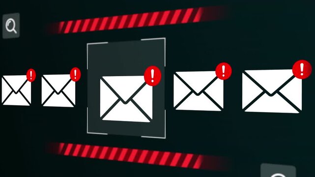 Perspective view of a digital interface showing various secure email folders flagged with red exclamation warning icons.