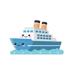 Obraz premium Cute Blue Cruise Ship with Happy Face and Orange Smokestacks on Water
