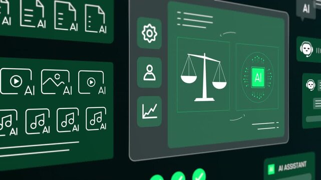 Digital dashboard featuring the scales of justice icon alongside AI assistant tools and legal document modules.