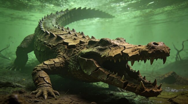 Abstract dangerous croc with jaws as jagged earth cracks, submerged low composition, murky swamp gre