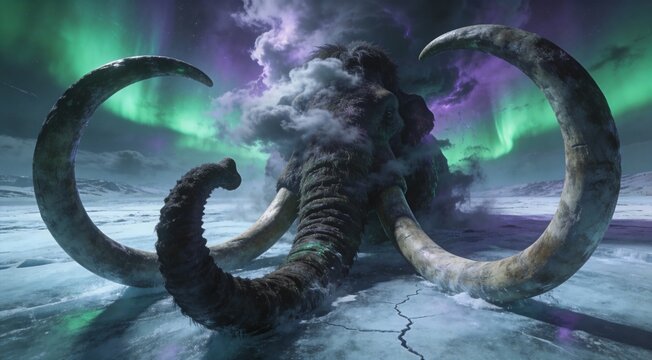 Abstract wild beast mammoth tusks curling into storm clouds, icy tundra wide composition, aurora bor