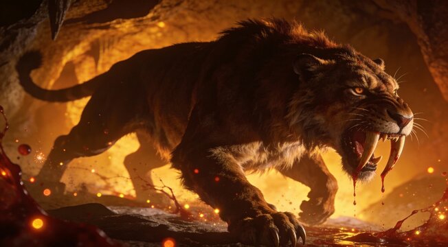 Abstract epic smilodon saber fangs dripping ethereal blood, ambush shadow composition, Pleistocene c