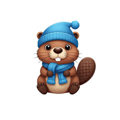 Cute cartoon beaver wearing blue winter hat and scarf on transparent background