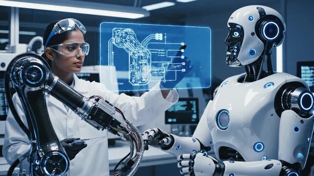 Female engineer and robot collaborating on advanced robotic arm in lab