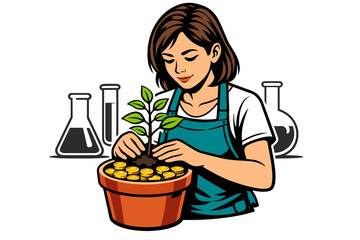 Woman planting a seedling in a pot with coins.
