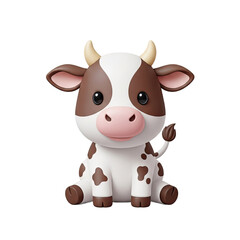 Cute cartoon cow character with brown spots and white fur sitting on a neutral background with soft