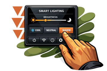 Smart lighting control interface with finger pressing warm button.