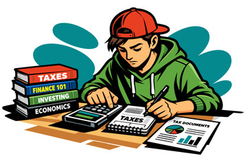 Young student learning about taxes and economics with books and calculator.