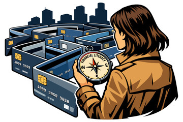 Woman holding compass navigating credit card maze financial literacy concept.