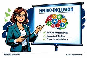 Woman presenting neuro inclusion concepts on a whiteboard.