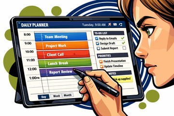 Woman using digital daily planner on tablet for organization.