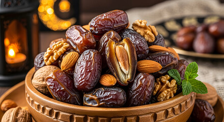 Obraz premium Brown bowl filled with dates and almonds on a table
