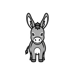 Cute cartoon donkey with big ears and a playful expression on a grayscale background