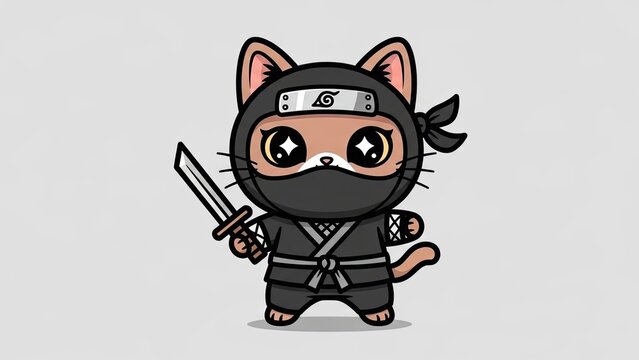 Cute pixel art cat dressed as a ninja holding a sword