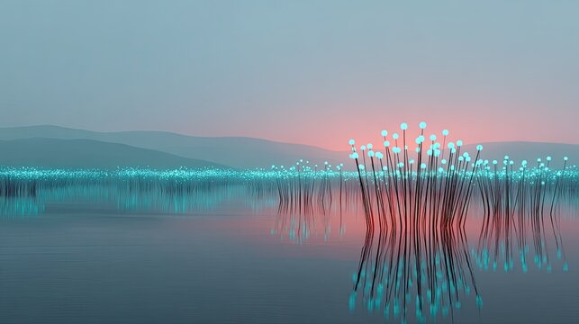 Ethereal Glow of Futuristic Plants Rising from Calm Water at Dusk with Mysterious Mountains in the Background and a Soft Pink Horizon