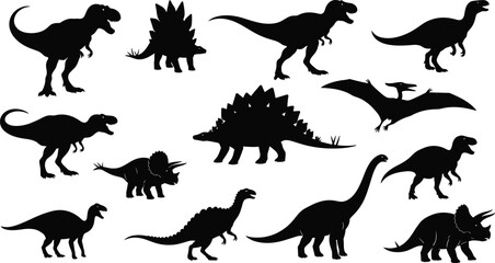 Detailed black silhouette vector illustration displaying multiple dinosaur species, including carnivores, herbivores, and flying reptiles, ideal for educational  © Krisna
