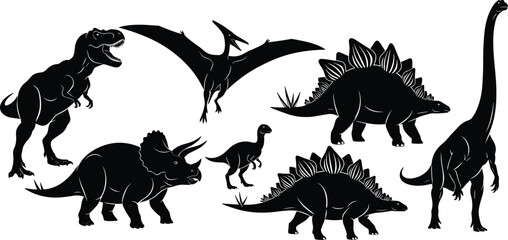 Detailed black silhouette vector illustration featuring multiple dinosaur species, including T-rex, pterodactyl,  © Krisna