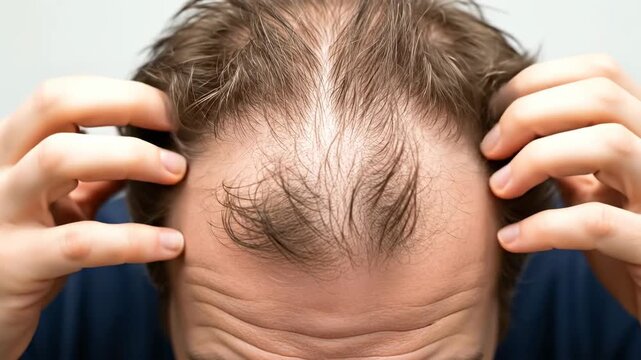 A man inspecting his thinning hairline with concern.