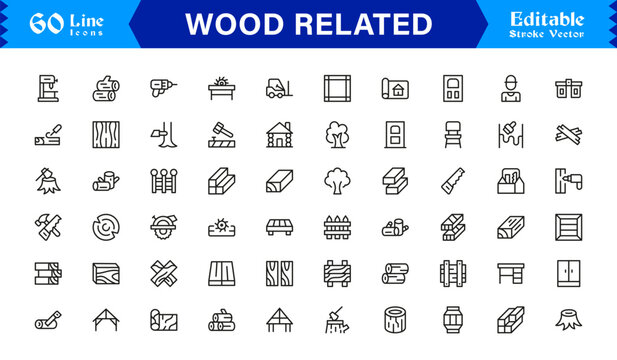 Wood Related Modern Outline Line Icon Collection &ndash; Premium Timber, Lumber, Forestry, Carpentry, Construction, Furniture, and Minimal Editable Graphic Vector Design