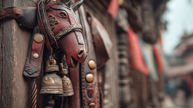 Horse riding equipment on display at Ghode Jatra festival in Nepal, showcasing traditional saddles and bridles up close.