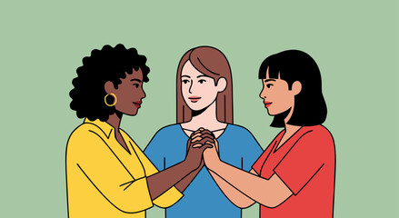 Fototapeta premium Three diverse women holding hands together showing solidarity and support against a green background