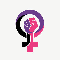Obraz premium Modern stylized feminism symbol featuring a raised fist in pink and purple colors for women solidarity and power