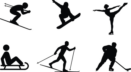 Winter sports silhouettes set featuring skiing, snowboarding, figure skating, sledding, hockey athlete actions isolated black vector icons for cold season © MdTajemul