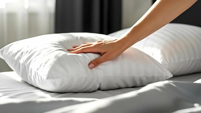 A hand gently rests on a plush pillow in a serene bedroom setting.